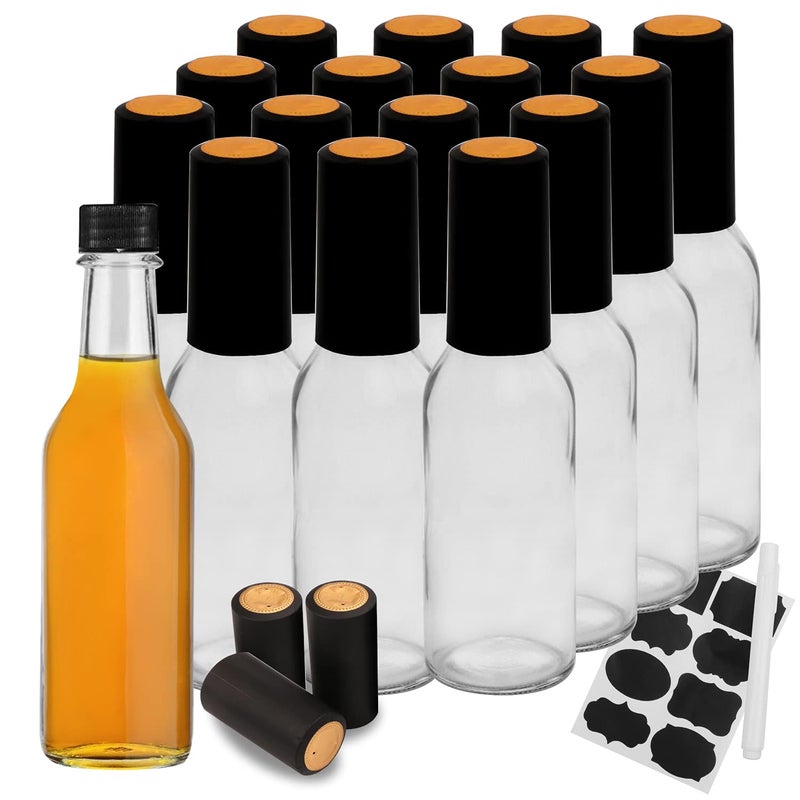 Maredash Hot Sauce Bottles with Black Caps 16 pack 5oz empty glass bottleswoozy bottle 5 oz