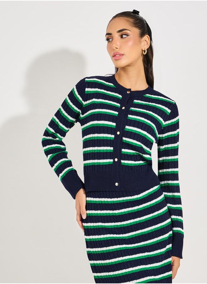 Styli Striped Knit Top with Buttons  - Image 1