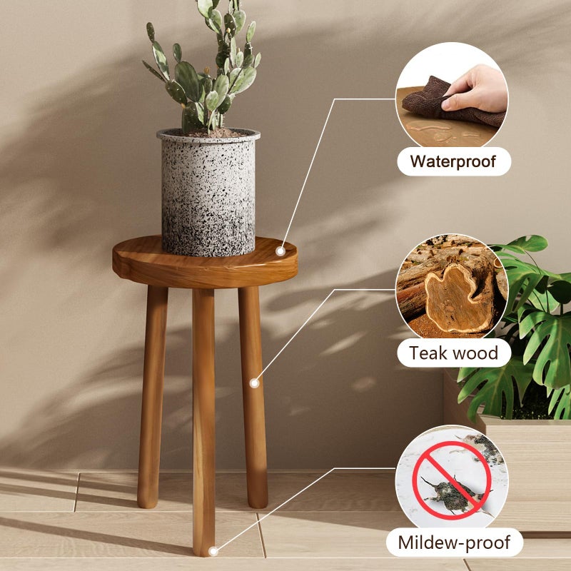 JOLLYMER 11.8" Round 18" Tall Wood Plant Stand | Teak Wood Accent Stool | Accent Table |Side Table - Image 3
