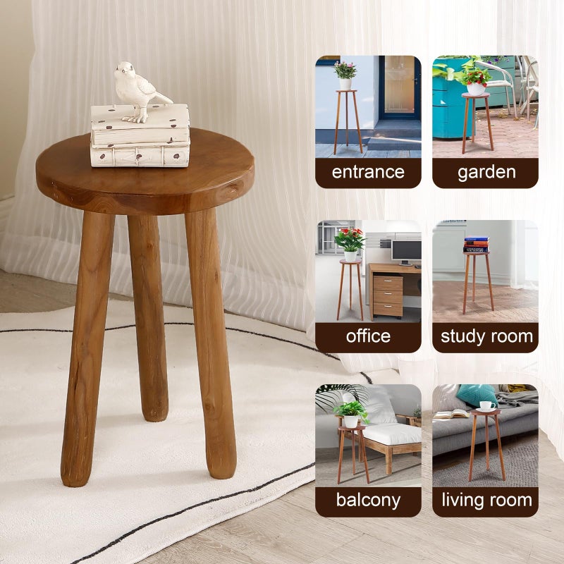 JOLLYMER 11.8" Round 18" Tall Wood Plant Stand | Teak Wood Accent Stool | Accent Table |Side Table - Image 5