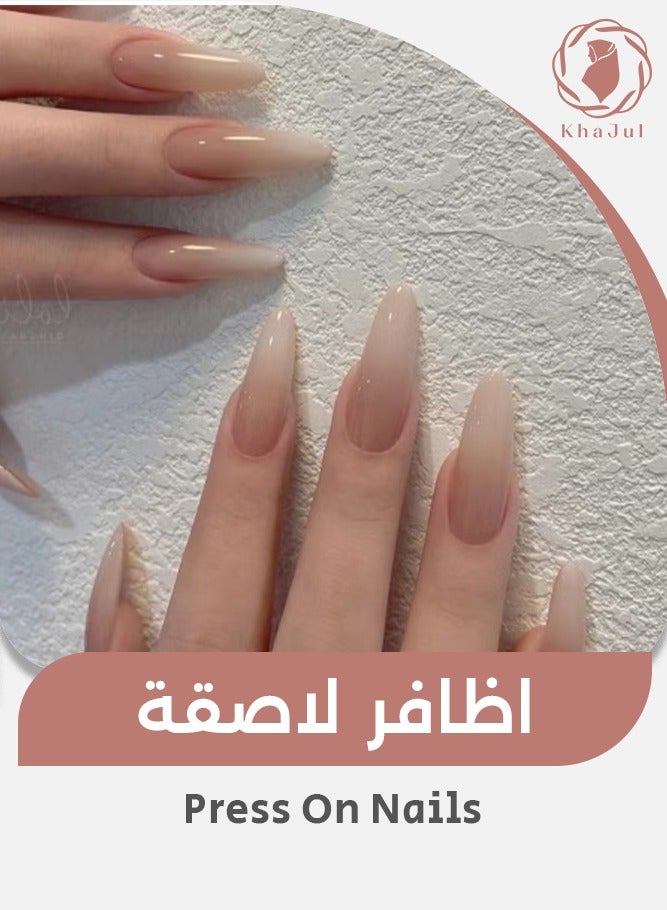 KHAJUL 24-Piece Fake Nails with Jelly Stickers and Nail File, Almond Shaped with Press on Nails Cold Tone 3D Water Drop Shell Nail Art (Nude Color) - Image 1