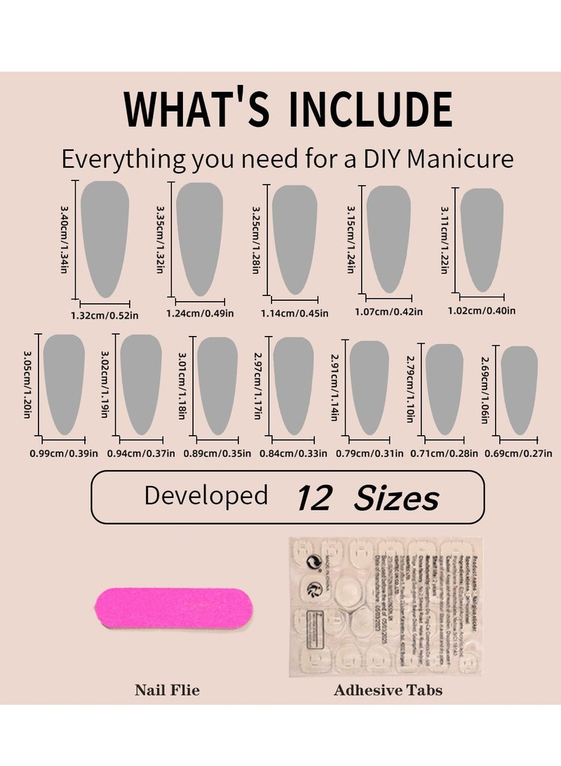 KHAJUL 24-Piece Fake Nails with Jelly Stickers and Nail File, Almond Shaped with Press on Nails Cold Tone 3D Water Drop Shell Nail Art (Nude Color) - Image 2