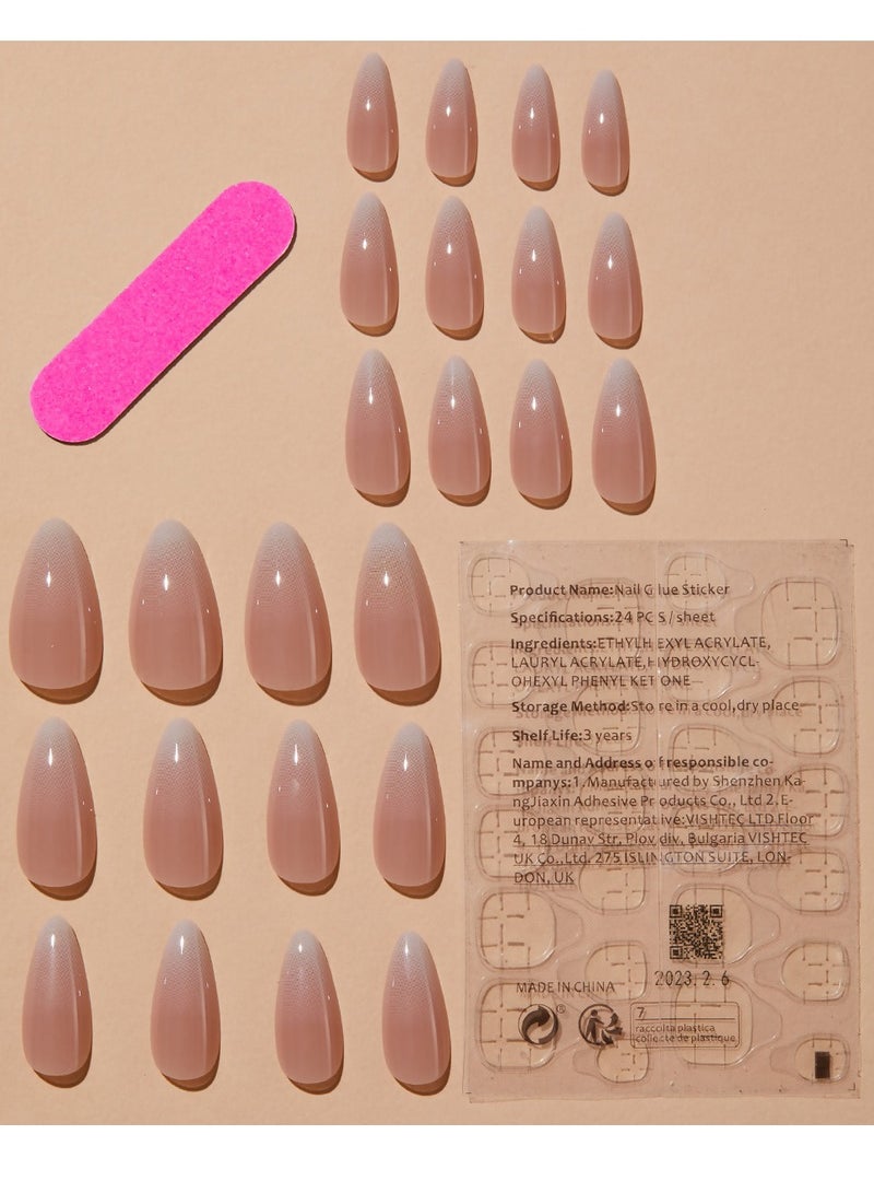 KHAJUL 24-Piece Fake Nails with Jelly Stickers and Nail File, Almond Shaped with Press on Nails Cold Tone 3D Water Drop Shell Nail Art (Nude Color) - Image 4