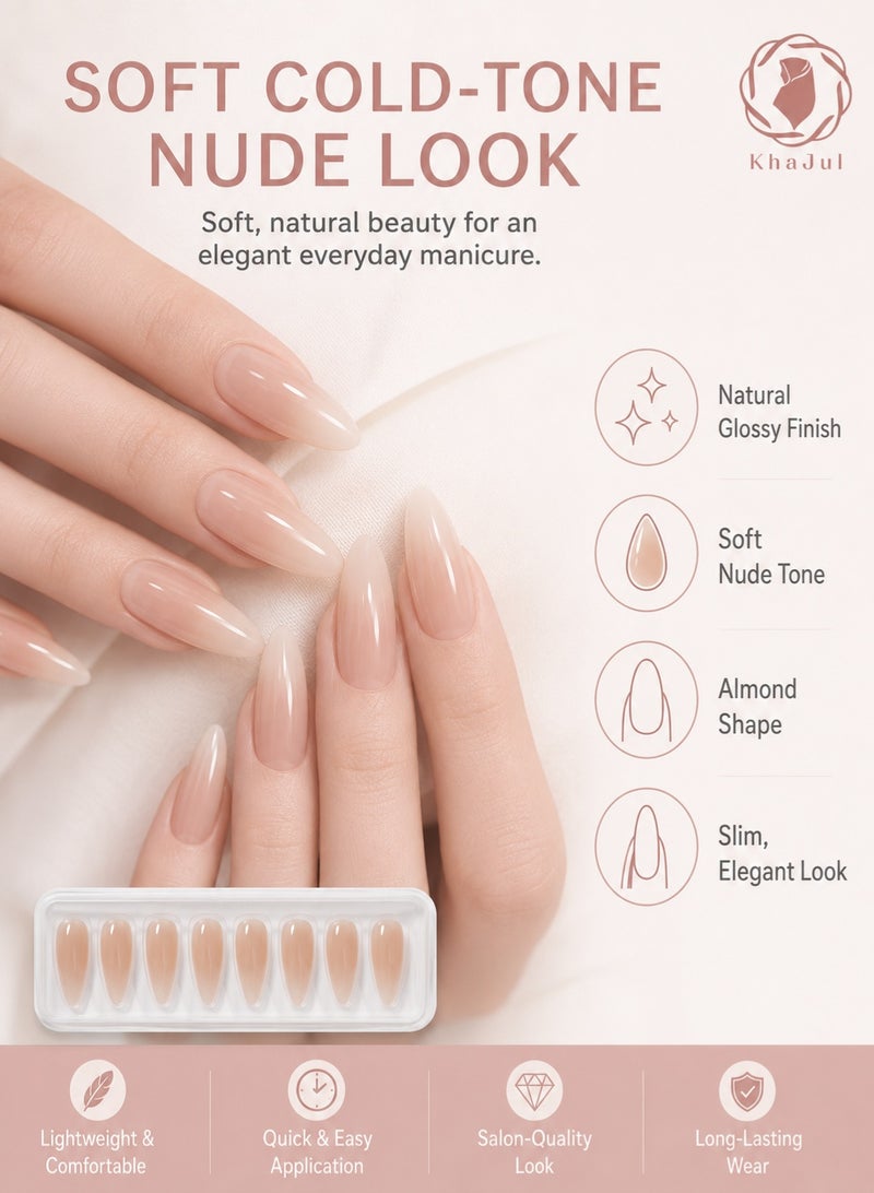 KHAJUL 24 Pieces Nude Press on Nails, Almond Shape Fake Nails with 3D Water Drop and Shell Design, Natural Cold Tone Glossy False Nails for Women, DIY Manicure Kit with Jelly Stickers and Nail File, Daily Wear Gift - Image 3