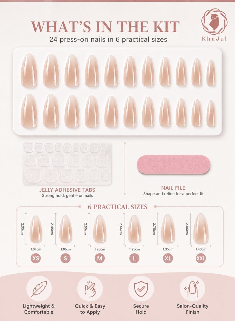 KHAJUL 24 Pieces Nude Press on Nails, Almond Shape Fake Nails with 3D Water Drop and Shell Design, Natural Cold Tone Glossy False Nails for Women, DIY Manicure Kit with Jelly Stickers and Nail File, Daily Wear Gift - Image 2