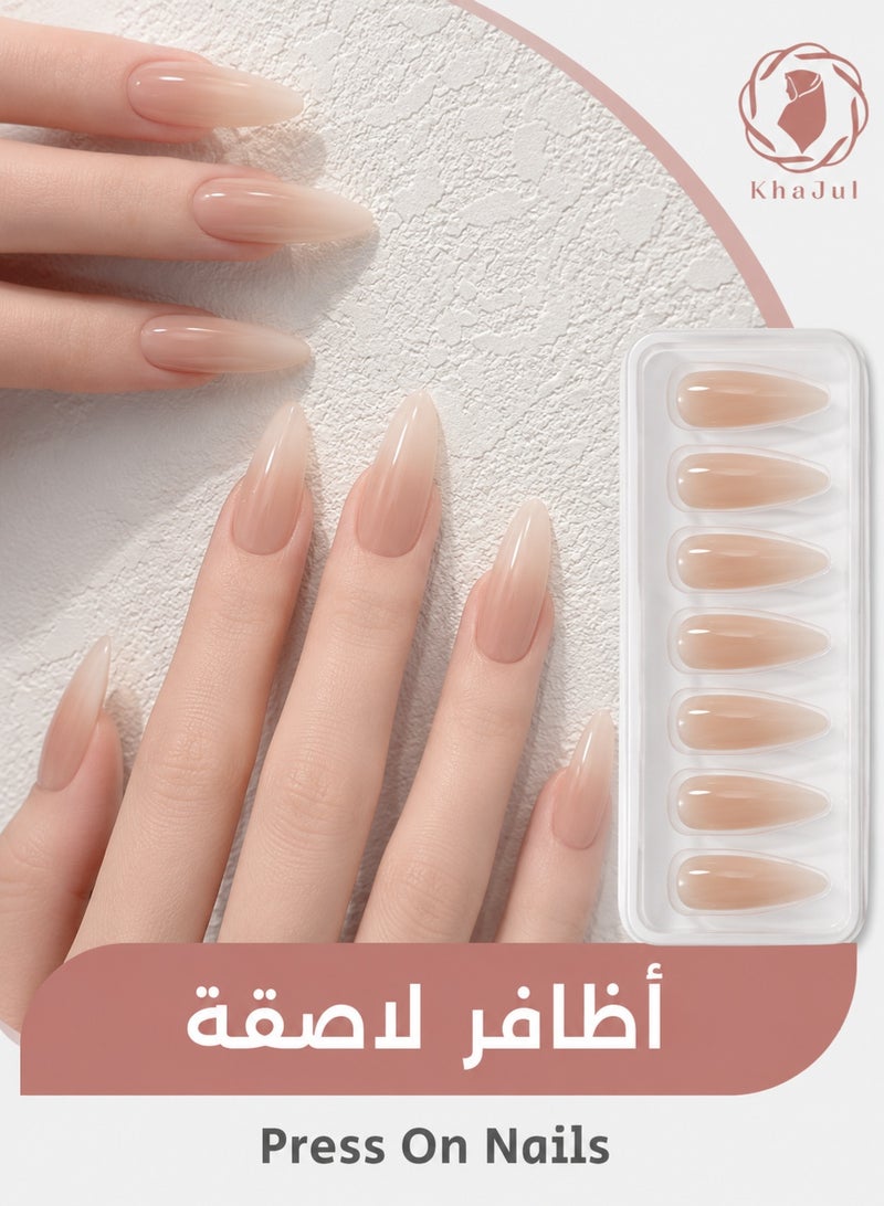 KHAJUL 24 Pieces Nude Press on Nails, Almond Shape Fake Nails with 3D Water Drop and Shell Design, Natural Cold Tone Glossy False Nails for Women, DIY Manicure Kit with Jelly Stickers and Nail File, Daily Wear Gift - Image 1