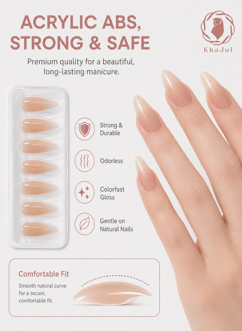 KHAJUL 24 Pieces Nude Press on Nails, Almond Shape Fake Nails with 3D Water Drop and Shell Design, Natural Cold Tone Glossy False Nails for Women, DIY Manicure Kit with Jelly Stickers and Nail File, Daily Wear Gift - Image 4
