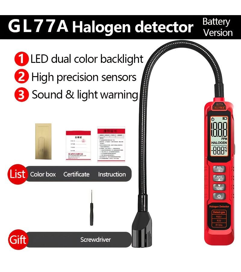 GL77A Professional Halogen Refrigerant Leak Detector with Digital LCD Screen Sound and Visual Alarms - Heavy Duty for Refrigeration Air Conditioning Automotive AC Freezer Refrigerator - Detects CFCs HCFCs HFCs HFOs R11 R22 R32 R134a R404a R410a R600a R1234yf AZ-50 HP62 MP39 - 0 to 1000 PPM Range 1 Second Response 11.8 Inch Probe Triple Warning System - Image 1