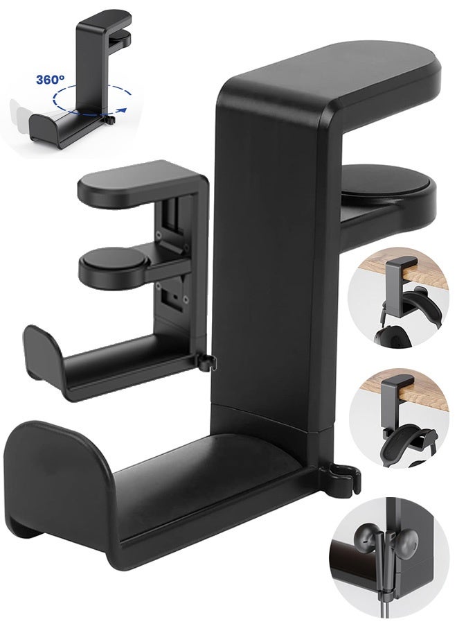 إم إكس إن حامل سماعات ألعاب الكمبيوتر، حامل سماعة الرأس مع مشبك مانع للانزلاق يدور 360 درجة، منظم ملحقات الألعاب العالمي، خطاف سماعة رأس قابل للتعديل للألعاب أسفل المكتب، مشبك سماعة رأس مع مشبك منظم للكابل أسود - Image 1