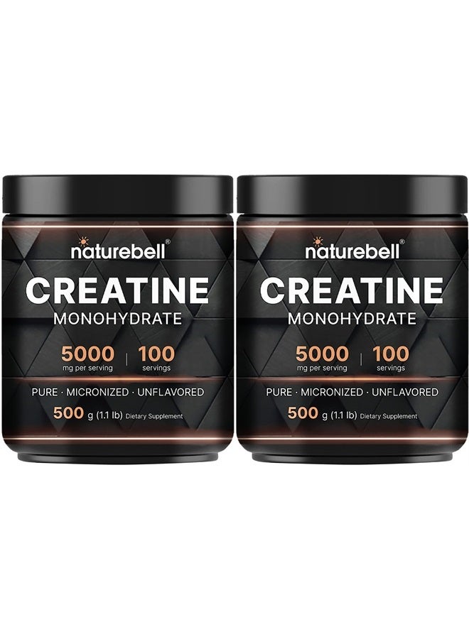NatureBell 2 Pack Creatine Monohydrate Powder 500 Grams, 5000mg Per Serving, Pure Unflavored Creatine Powder - Micronized - Pre Workout | Keto | Vegan | Dissolves Easy | Filler Free - Image 1