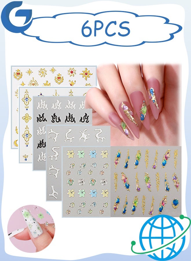 Gecomo 6 PCS Nail Art Stickers, 5D Gold Embossed Nail Art Stickers, Gem Crystal Irregular Geometric Frames Nail Stickers Designs - Image 1