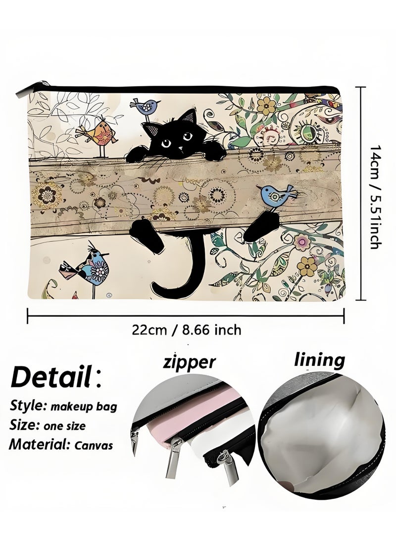 KHAJUL Black Cat Makeup Bag, Cat Vintage Flowers Cute Cosmetic Bag, Cat Gifts for Women Cat Lovers, Cat Mom Stuff Gift Bag for Women Friends - Image 2