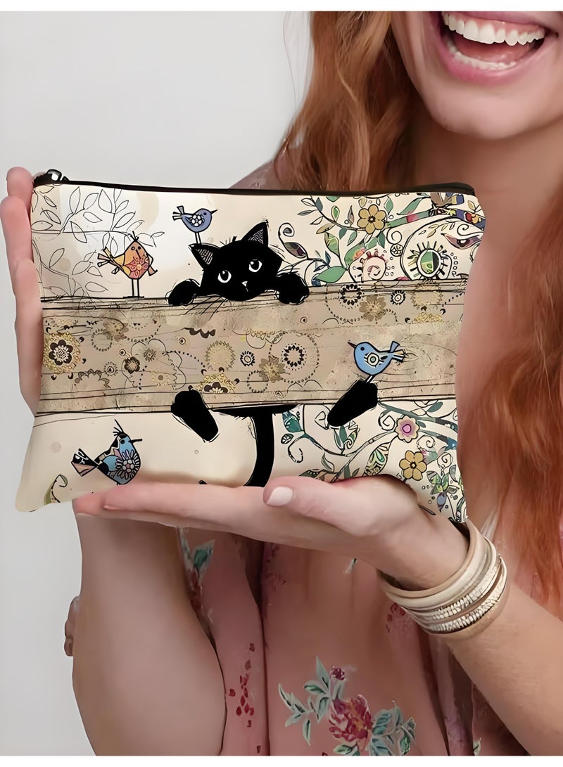 KHAJUL Black Cat Makeup Bag, Cat Vintage Flowers Cute Cosmetic Bag, Cat Gifts for Women Cat Lovers, Cat Mom Stuff Gift Bag for Women Friends - Image 4
