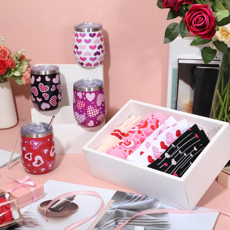Layhit Layhit 8 Pcs Valentines Day Gifts 12 oz Heart Print Tumbler Cups and Heart Socks Stainless Steel Mug Tumbler with Lids Straw Brush Socks for Valentine Wedding PartyCute Style - Image 2