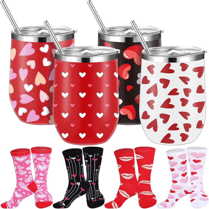Layhit Layhit 8 Pcs Valentines Day Gifts 12 oz Heart Print Tumbler Cups and Heart Socks Stainless Steel Mug Tumbler with Lids Straw Brush Socks for Valentine Wedding PartyCute Style - Image 1