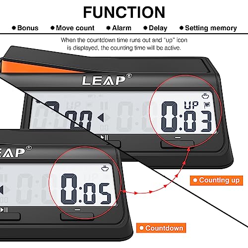 LEAP Chess Clock Digital Chess Timer Advanced for Board Game and Chess Timer with Bonus & Delay Count Down up Alarm Black/Orange - Image 4
