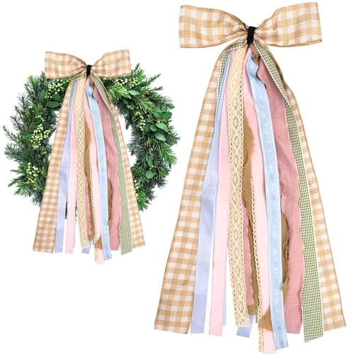 Ftuuo Large Fall Ribbons Bow for Wreath, Orange White Buffalo Plaid Fabric Ribbons Set Assorted Lace Ribbon Blue Pink Clip-On Wreath Sash Ribbon Bundle for Fall Thanksgiving Home Indoor Outdoor Decor - Image 1