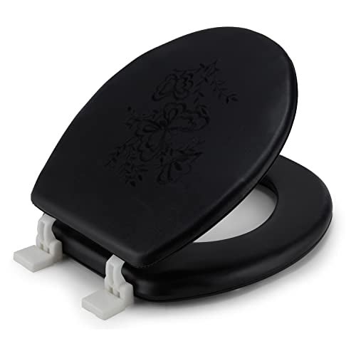 J&V Textiles Embroidered Soft Round Toilet Seat With Easy Clean & Change Hinge, Padded (Black) - Image 1