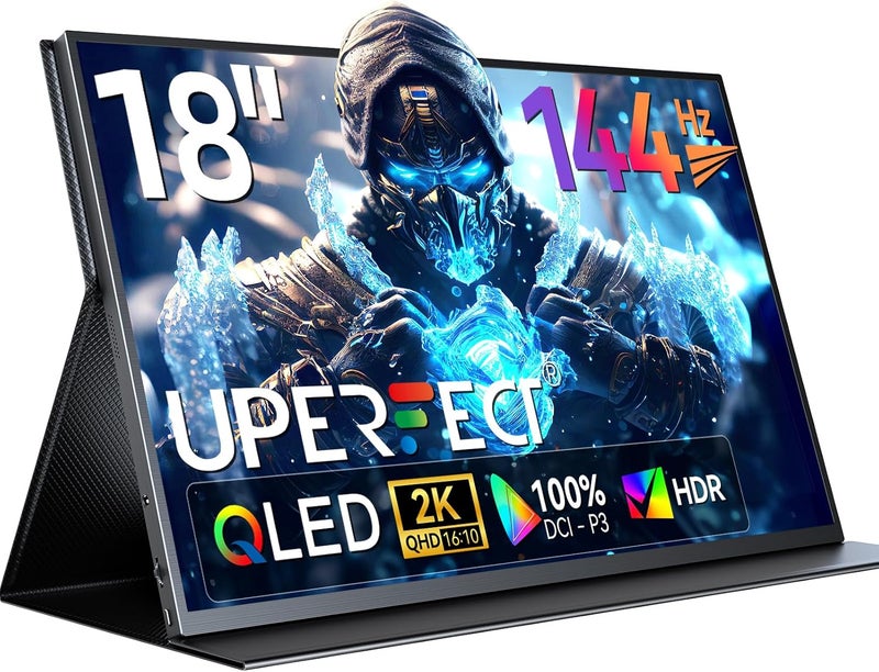 UPERFECT 2K 144Hz Portable Gaming Monitor 18" 2560x1600 QHD 100% DCI-P3 FreeSync HDR Laptop Display With VESA & Case, Slim Frameless Matte IPS Eye Care Second Screen for Game Console - Image 1