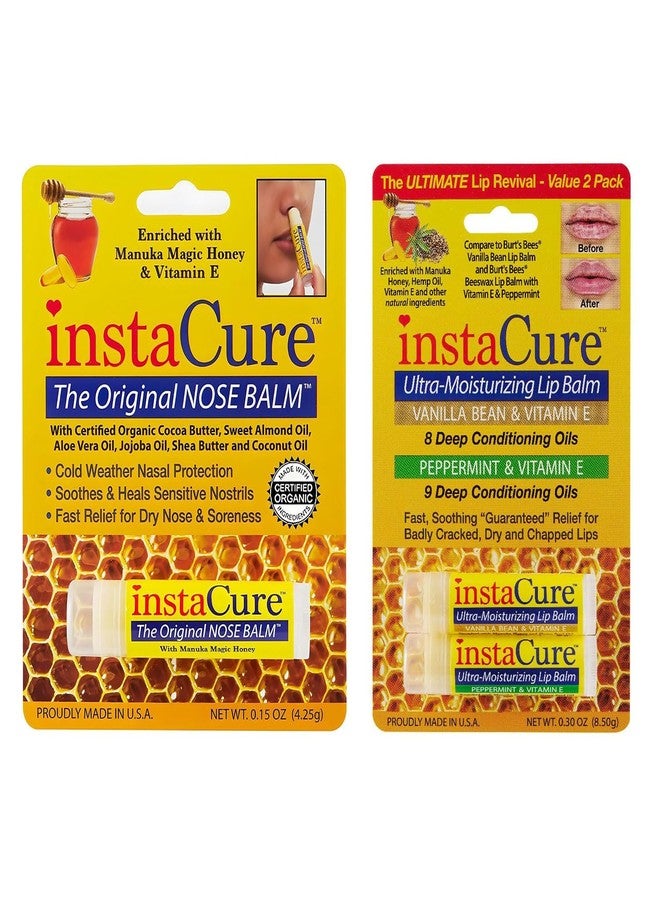 INSTACURE Nose Balm Heals Nasal Irritation, Ultra-Moisturizing Lip Repair Balms Vanilla Bean & Peppermint with Manuka Honey Vitamin E Shea Butter Aloe Vera Oil, 3-Pack Value Set.