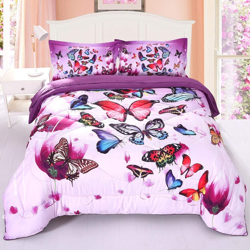 Wowelife Wowelife Butterfly Teen Bedding Sets for Girls Full Size 5 Piece Butterfly Comforter Set Pink Purple 3D Kids Comforter Sets Lightweight with Comforter Flat Sheet Fitted Sheet and 2 Pillowcases 