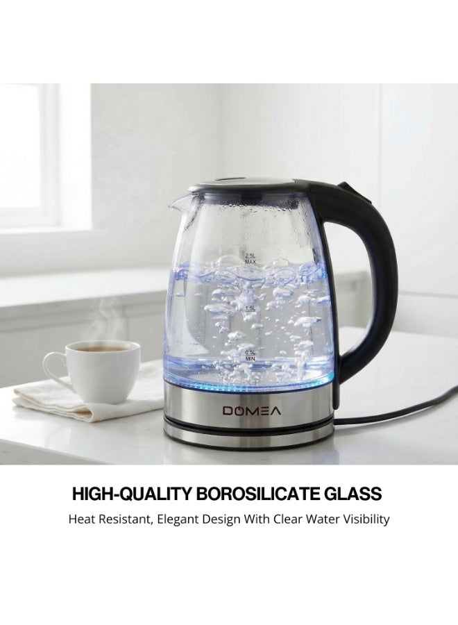 دوميا DOMEA Electric Glass Kettle 1.8L, 1500W | LED Illuminated Borosilicate Glass | 360° Rotating Base | Auto Shut-Off & Boil-Dry Protection | Stainless Steel Finish - Image 3