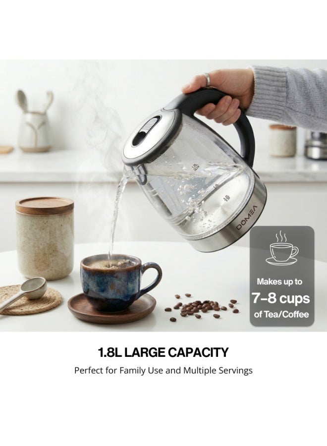 دوميا DOMEA Electric Glass Kettle 1.8L, 1500W | LED Illuminated Borosilicate Glass | 360° Rotating Base | Auto Shut-Off & Boil-Dry Protection | Stainless Steel Finish - Image 2