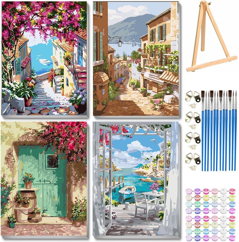 VIGEGU 4 Pack Paint by Numbers kit for Adults Beginner Framed with Wooden EaselSeaside Scenery Door Paint by Numbers with Frame DIY Adults PaintbyNumber Kits for Wall Decor12x16inch - Image 2