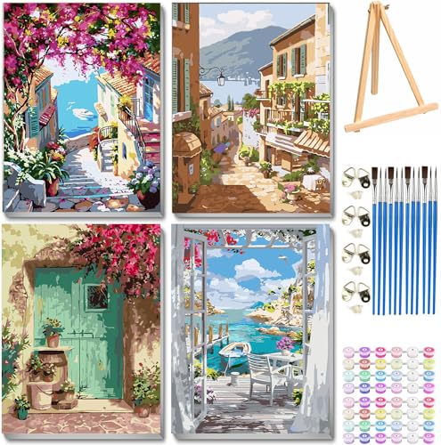VIGEGU 4 Pack Paint by Numbers kit for Adults Beginner Framed with Wooden EaselSeaside Scenery Door Paint by Numbers with Frame DIY Adults PaintbyNumber Kits for Wall Decor12x16inch - Image 1