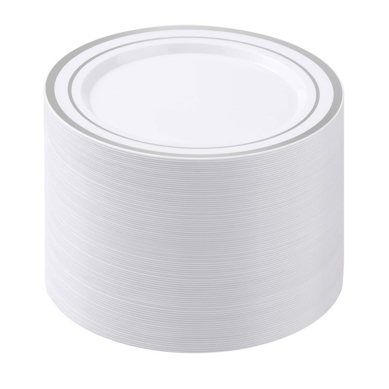 BESTSTAR 100PCS White Plastic Plates for Party  10.25 Inch Heavy Duty Dinner Plates with Silver Rim  Disposable Plates for Wedding and Birthday - Image 1