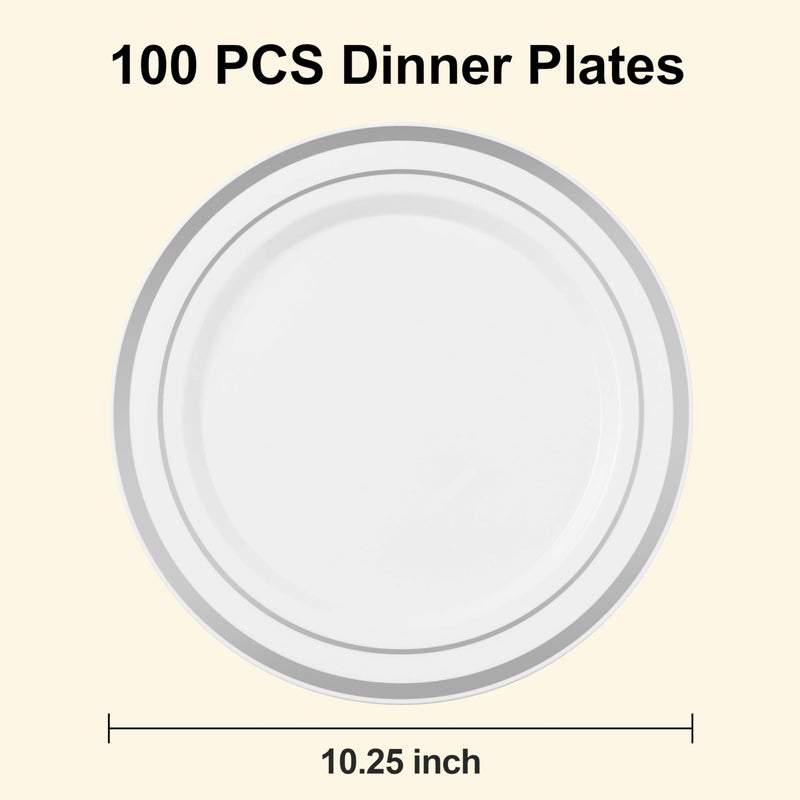 BESTSTAR 100PCS White Plastic Plates for Party  10.25 Inch Heavy Duty Dinner Plates with Silver Rim  Disposable Plates for Wedding and Birthday - Image 2