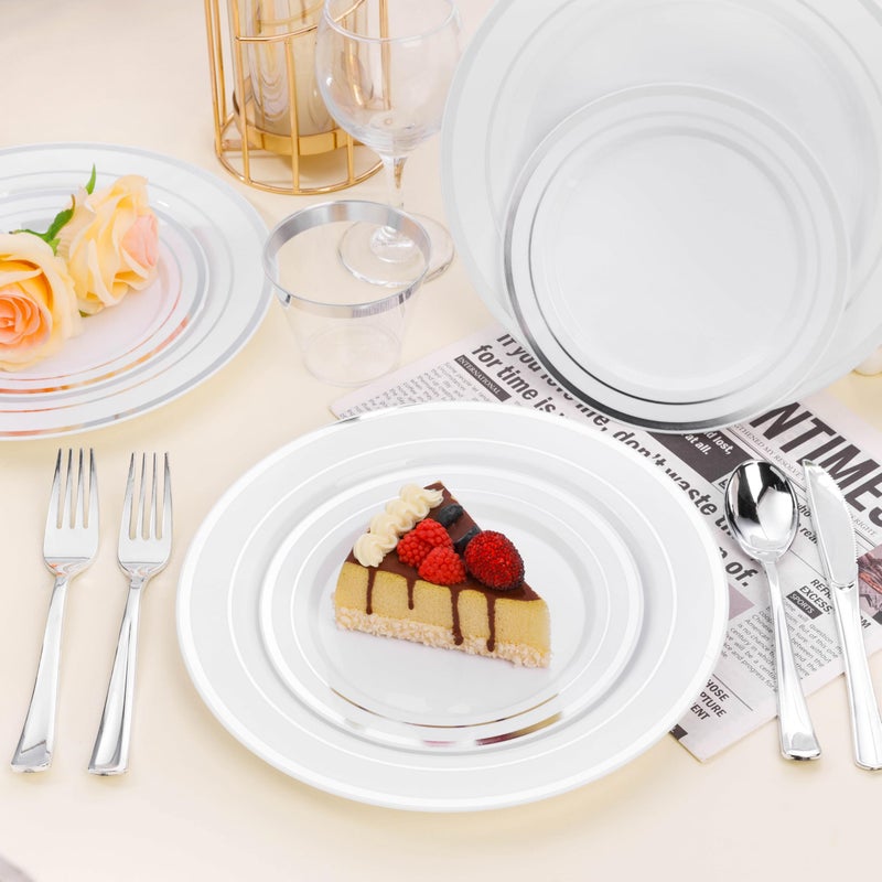 BESTSTAR 100PCS White Plastic Plates for Party  10.25 Inch Heavy Duty Dinner Plates with Silver Rim  Disposable Plates for Wedding and Birthday - Image 5