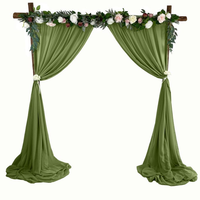 SHEER CHIFFON BACKDROP CURTAINS 10FT X 10FT CHIFFON FABRIC DRAPES FOR WEDDING LONG SHEER CURTAIN FOR LIVING ROOM ARCH PARTY STAGE DECORATION OLIVE GREEN 120 X 120 INCH