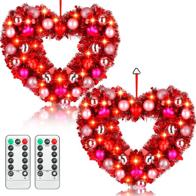 2 SET 17 INCH VALENTINES WREATH LIGHTED VALENTINES DAY HEART WREATH DECOR PRELIT RED BALLS WITH REMOTE CONTROL HEART SHAPED DOOR FOR HANGING DECOR