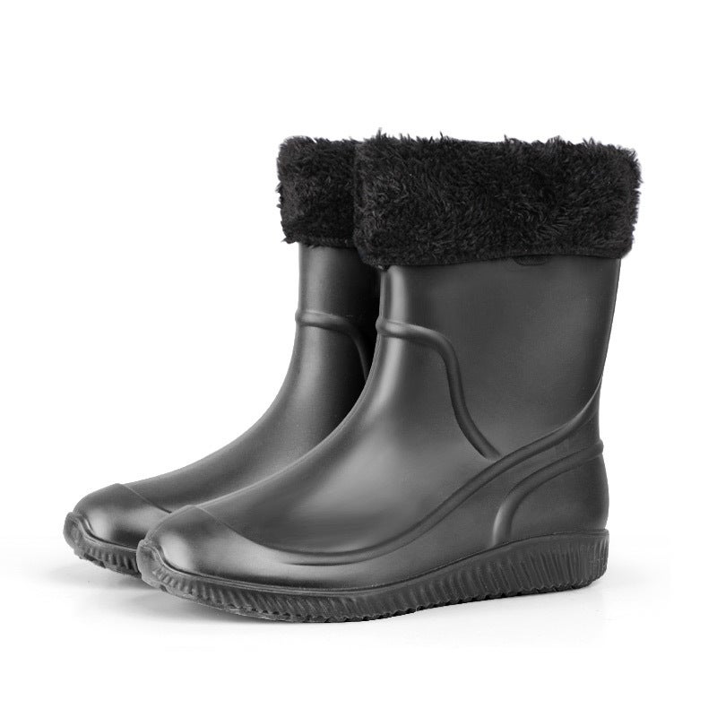 Plush-Lined Mens Rain Boots Pure black with cotton 