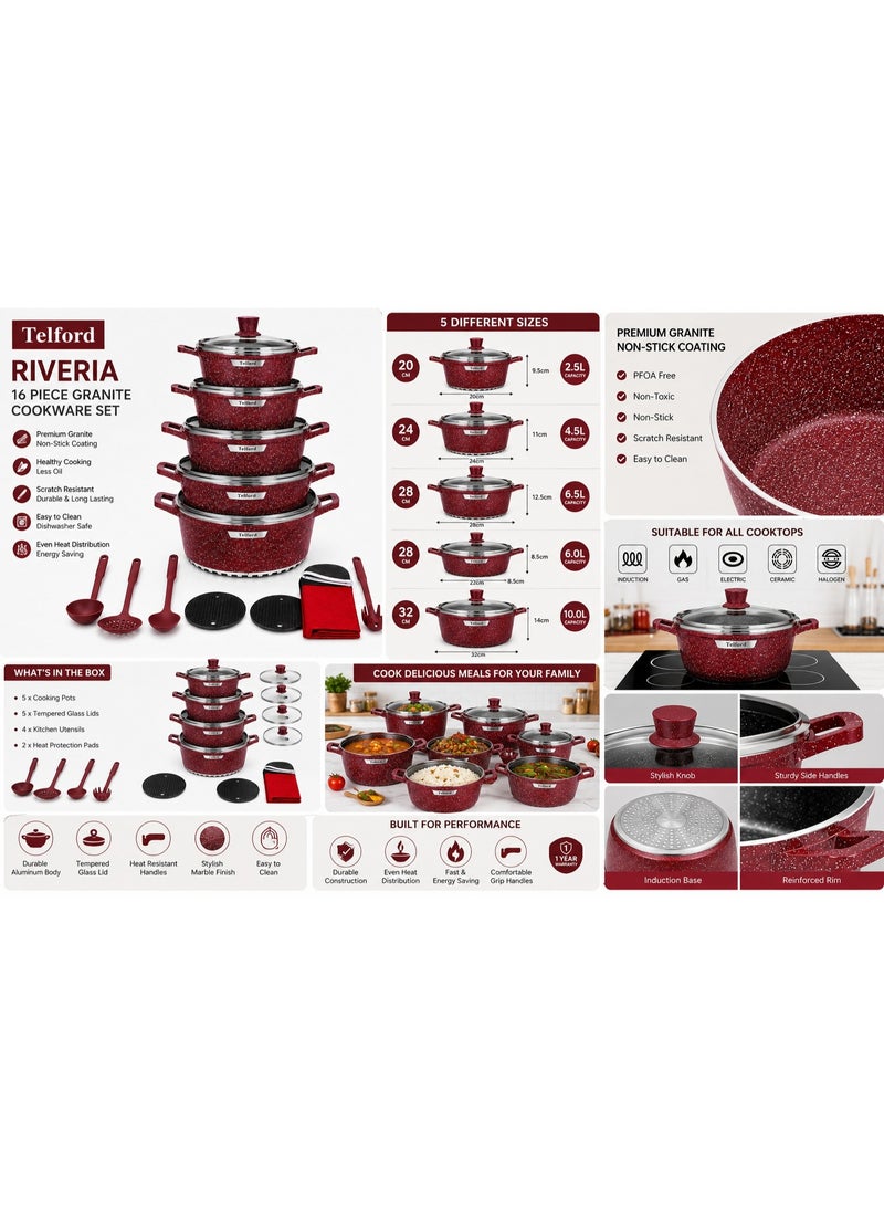 TELFORD 15 Piece Non-Stick Cookware Set with Glass Lids, Granite Coating, Aluminum Cooking Pots & Kitchen Utensils Set, Induction Compatible, Brown Marble Finish - Image 2