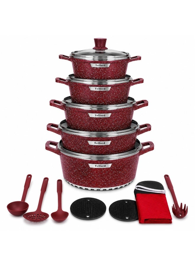TELFORD 15 Piece Non-Stick Cookware Set with Glass Lids, Granite Coating, Aluminum Cooking Pots & Kitchen Utensils Set, Induction Compatible, Brown Marble Finish - Image 1