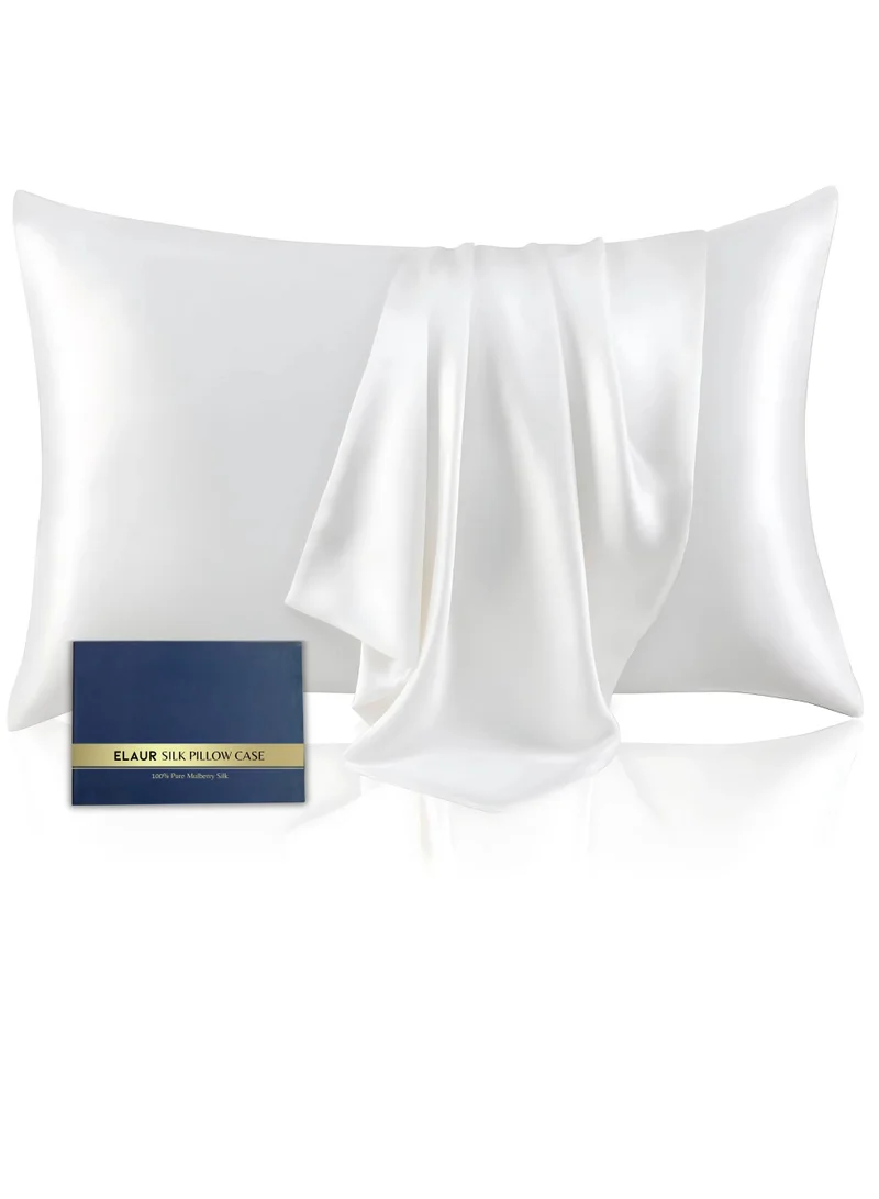 ELAUR Mulberry Silk Pillow Cases Standard Size Silk Pillowcase for Hair and Skin with Zipper Soft Breathable Smooth Cooling Silk Pillow Case for Sleeping,Gifts for Women (White,20"X 26",1Pcs)