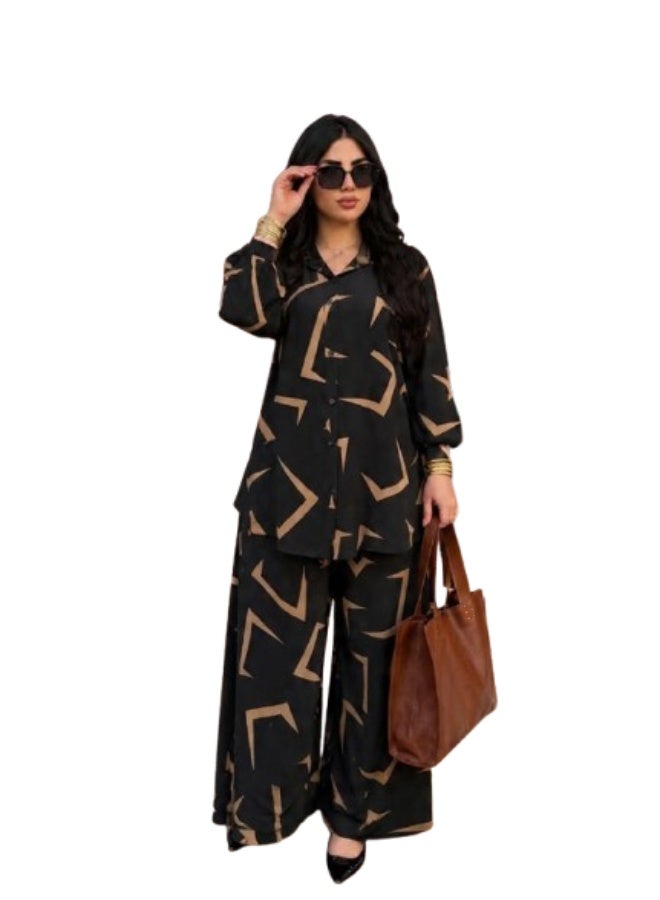 Ensemble deux pièces imprimé pour femme : Chemise oversize et pantalon large. Crêpe royal imprimé importé. Taille unique (jusqu'à 85 kg). Code 619 - Image 1