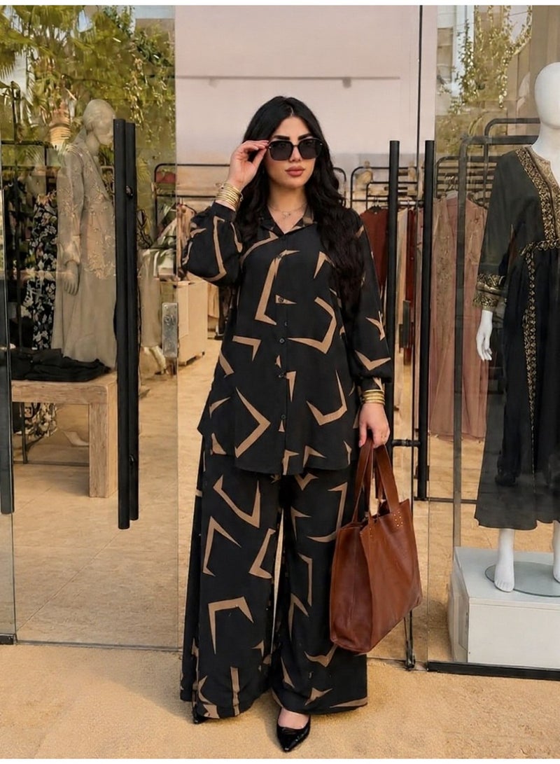 Ensemble deux pièces imprimé pour femme : Chemise oversize et pantalon large. Crêpe royal imprimé importé. Taille unique (jusqu'à 85 kg). Code 619 - Image 2