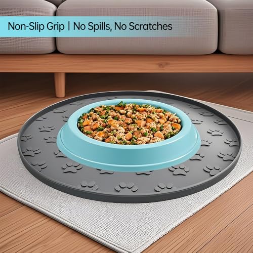 Zinmilin Silicone Dog Food Mat,Silicone Pet Food Mat Cat,Rubber for Dog Bowls Mats for Food and Water Bowl Feeding Round Paw Print（1 Pcs，Gray） - Image 3