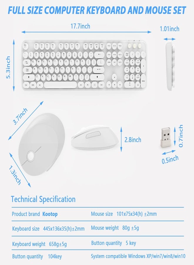 Kootop Wireless Keyboard Mouse Combo, 104 Keys Cute White Keyboard with Number Pad & Mouse for Windows, Computer, PC, Notebook, Laptop (White) - Image 5