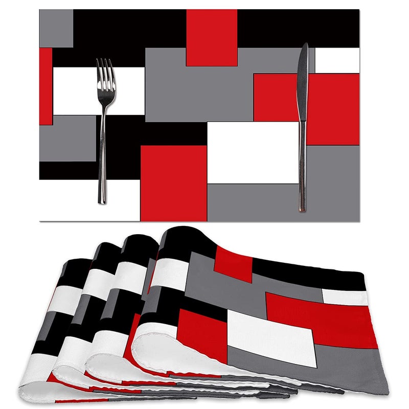 AILUER Red Grey Black White Placemats Set of 4,Geometric Square Table Place Mats Waterproof Burlap Washable Dining Placemats for Home Kitchen Decorations (Red Grey Black White, 12" Wx18 L) - Image 1