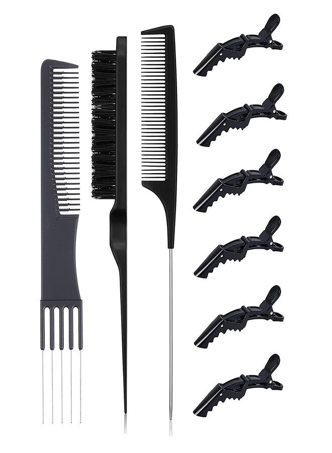 E-DUNIA 3 Pieces Teasing Combs Hair Brush Set Black Carbon Lift Teasing Comb with Metal Prong Triple Pin Rat Tail Comb Nylon Bristle Teasing Brush with 6 Pieces Alligator Hair Clips for Women Hair Salon Tools - Image 1