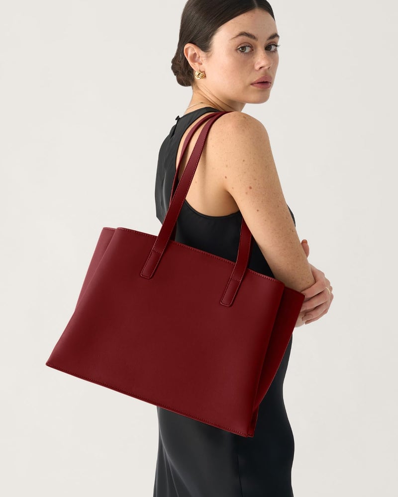 Apryl Work Tote Bags for Women 14 Inch - Work Bag Laptop Bag with Zip Compartments - Large PU Leather Office Purse Computer Briefcase - Red - Image 2