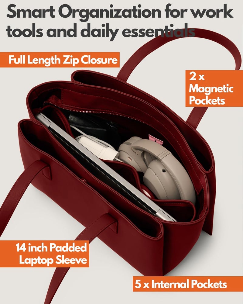 Apryl Work Tote Bags for Women 14 Inch - Work Bag Laptop Bag with Zip Compartments - Large PU Leather Office Purse Computer Briefcase - Red - Image 4