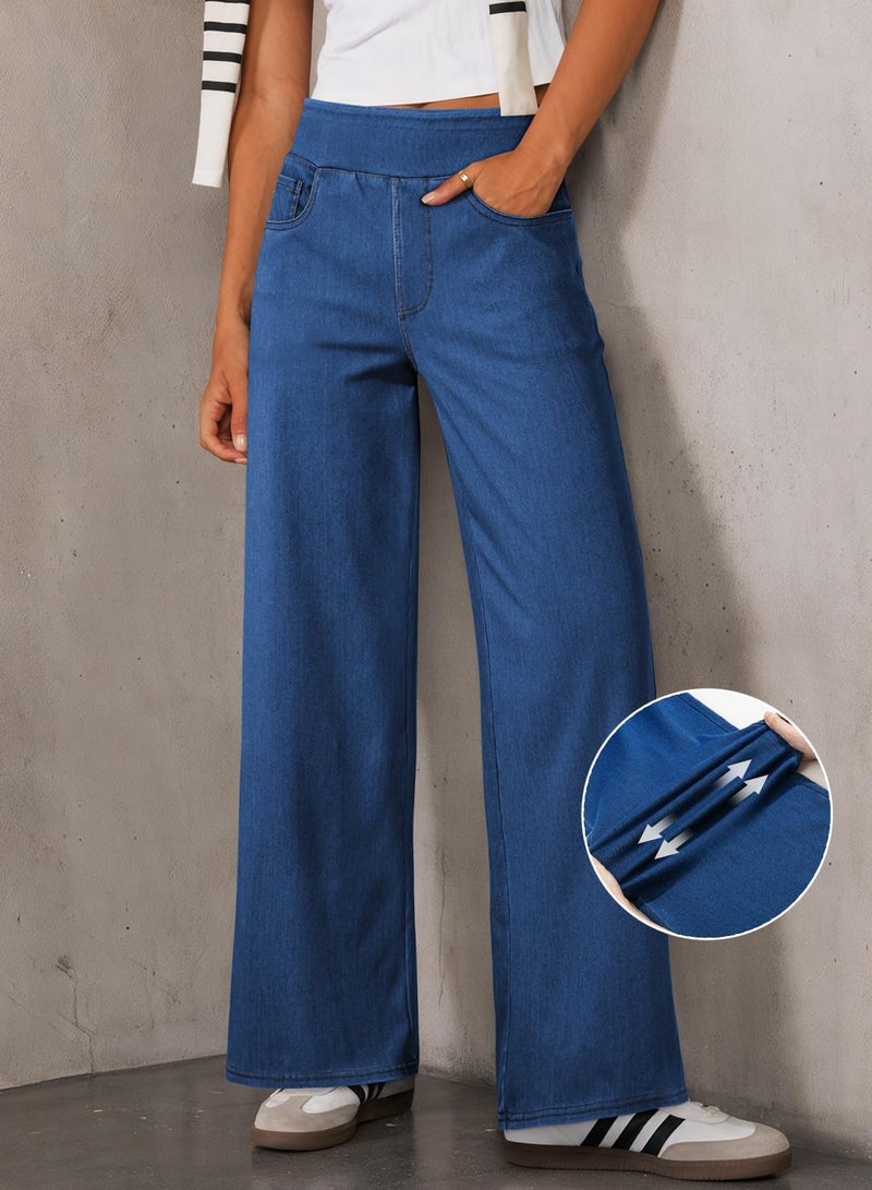 Sidefeel Women's Wide Leg Jeans High Waisted Tummy Control Soft Stretchy Comfort Fit Pull On Denim Pants Light Blue Size 6 - Image 4