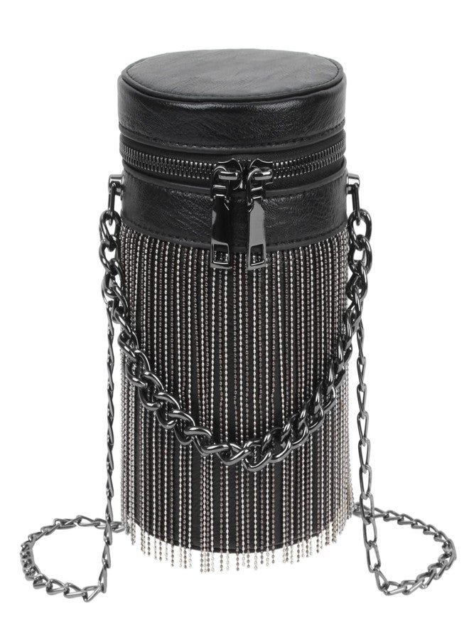 Minache Women Mini Glitter Rhinestone Tassel Crossbody Shoulder Bag Fringe Bucket Punk Bag - Image 1