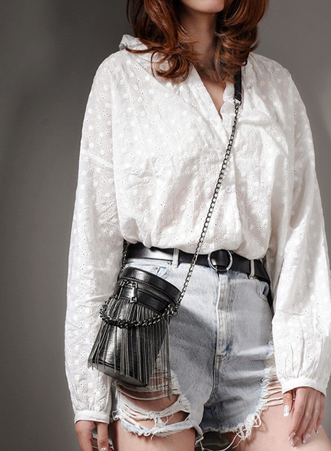 Minache Women Mini Glitter Rhinestone Tassel Crossbody Shoulder Bag Fringe Bucket Punk Bag - Image 4