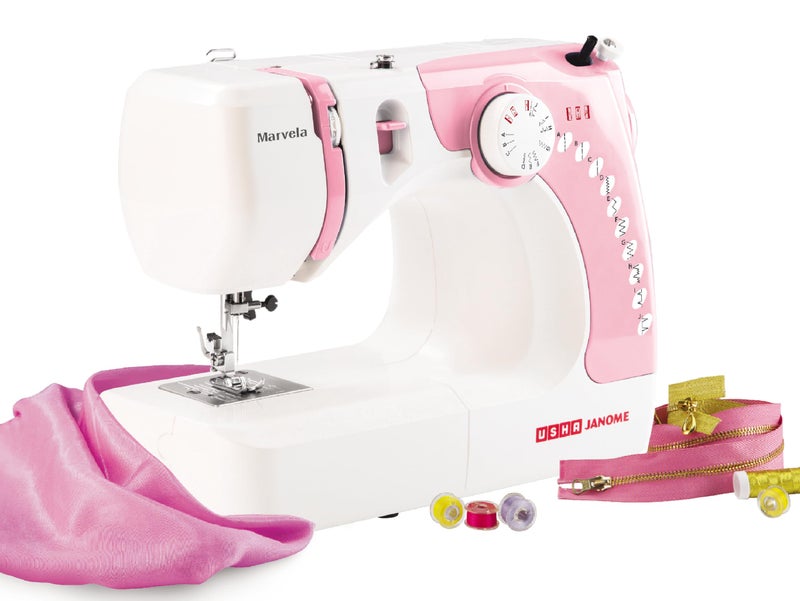 Usha Janome Marvella Automatic Zig-Zag Electric Sewing Machine ||Free Sewing Kit || 13 Built-In-Stitches || 14 stitch Function-Pink and White - Image 1